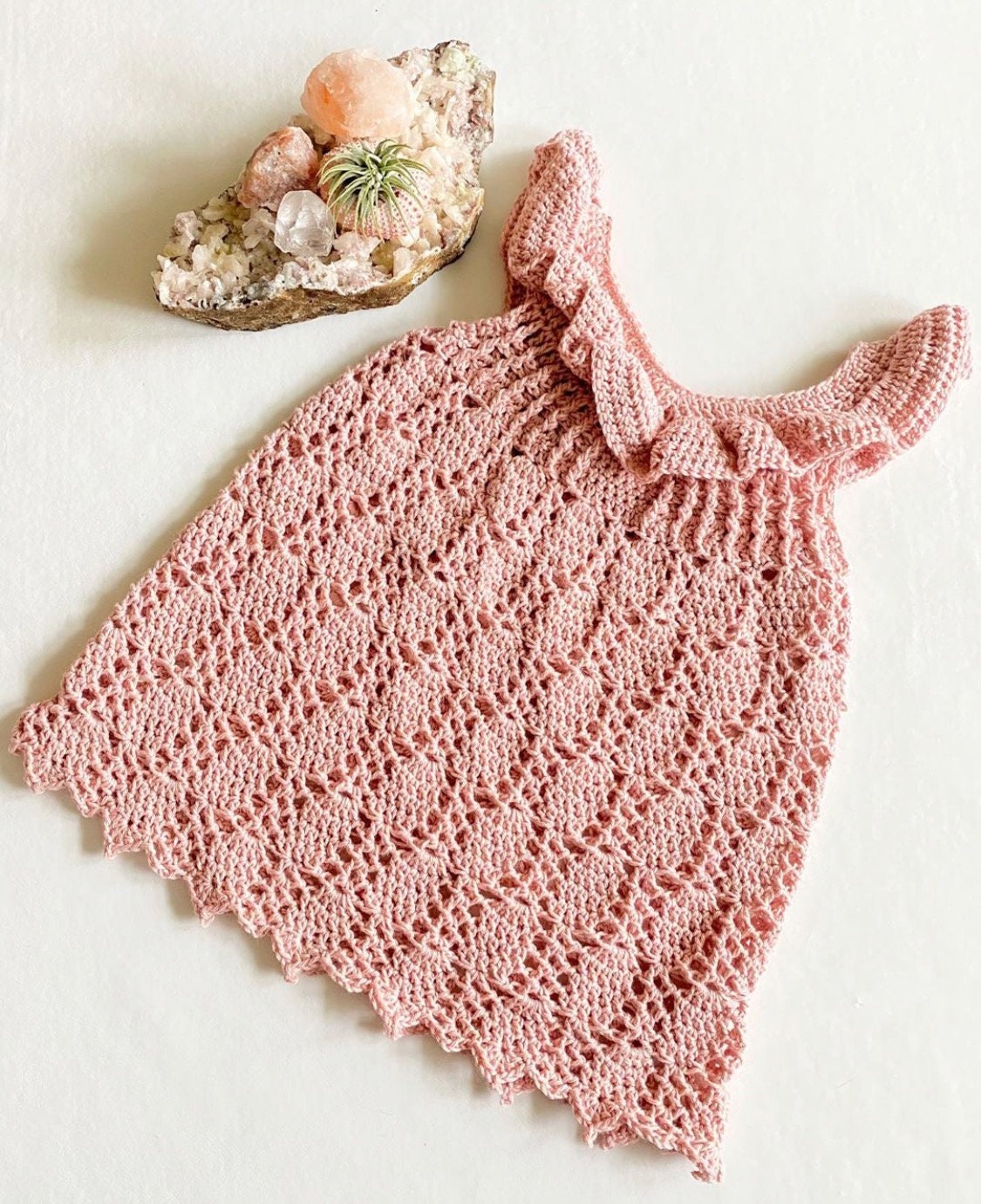 Crocheted Boho Ruffle Baby Dress w/ matching Headband, Baby Girl Boho Crochet outfit, Handmade baby set, Boho baby girl, Boho cotton dress