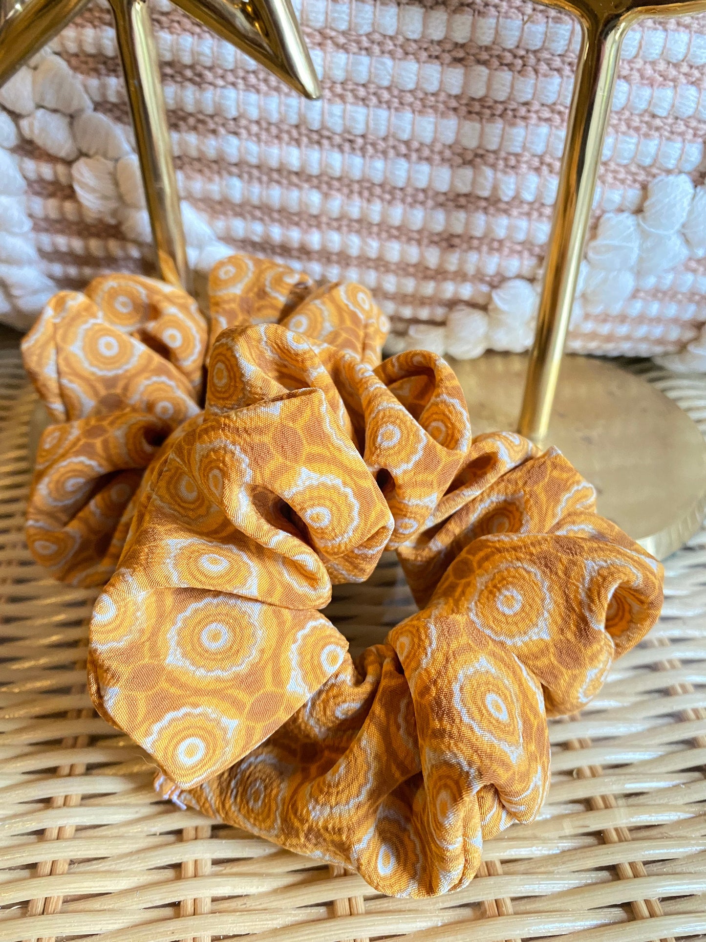 70's inspired retro scrunchies- Boho style scrunchies, retro style, mustard, trendy bohemian scrunchies, hippie style, hair accessories