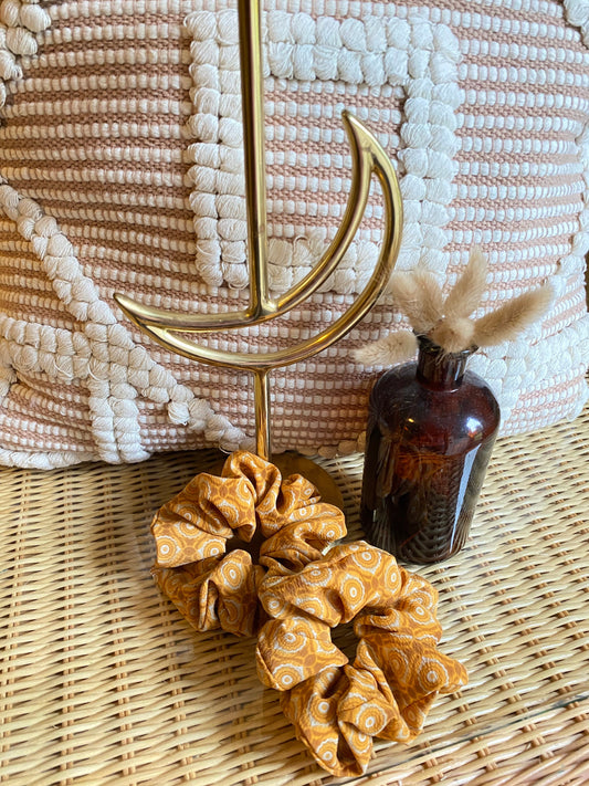 70's inspired retro scrunchies- Boho style scrunchies, retro style, mustard, trendy bohemian scrunchies, hippie style, hair accessories