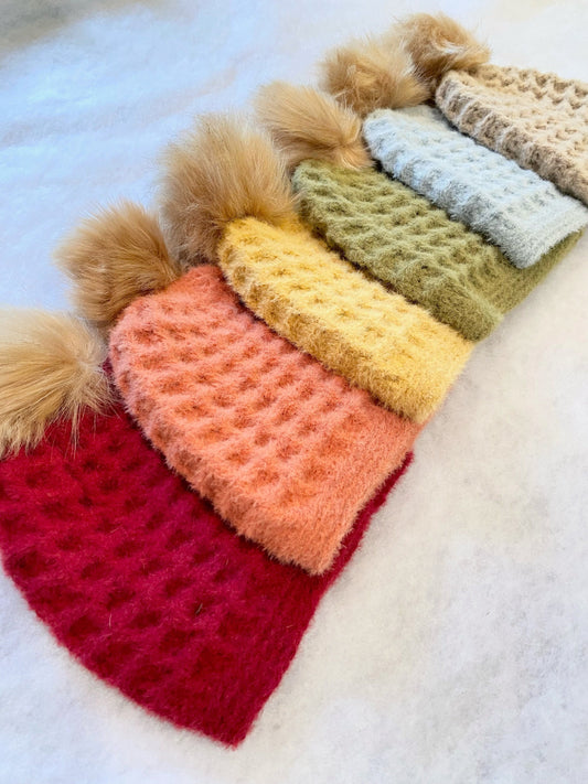 Fuzzy, Cozy Winter Beanies w/ faux fur pom! Mommy & Me hats, Baby, Child, Adult sizes. Warm winter hats, baby hats, women's hats stylish hat